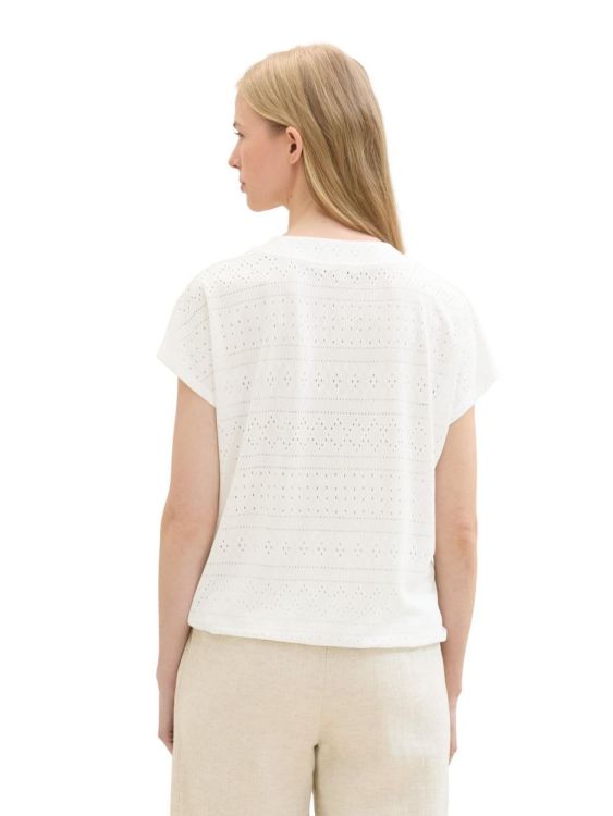 Tom Tailor Women T-shirt ajour v-neck (1041531/10315 Whisper White) - WeekendMode