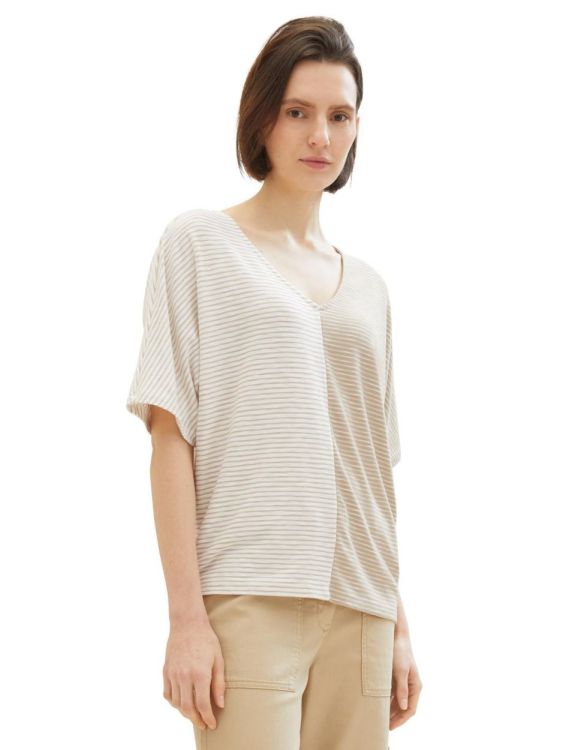 Tom Tailor Women T-shirt loose knit stripe (1040583/34836 beige offwhite thin stripe) - WeekendMode